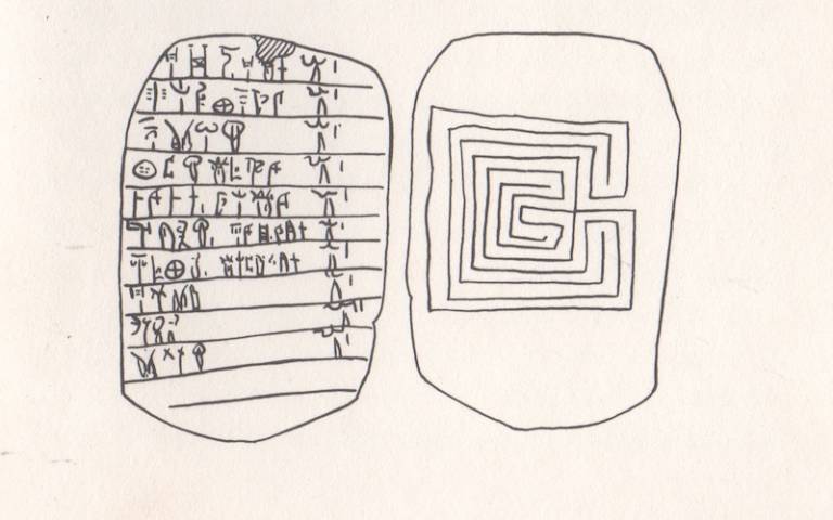 Clay tablet (Cn 1287) found in Pylos in 1957 with a list of men and goats on the verso (in Linear B) and carefully executed drawing of a labyrinth on its recto. From Lang, American Journal of Archaeology 1958.