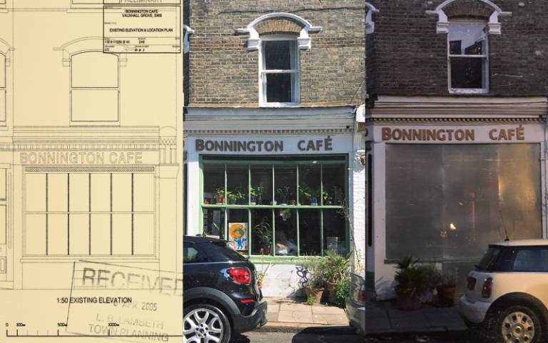 Bonnington Café in London: An Autonomous Communal Kitchen Practice. Credits: Composite image by Xiuzheng Li (including engineering drawing on left side from Lambeth Planning and Building Control, and photos on right taken by Xiuzheng Li)
