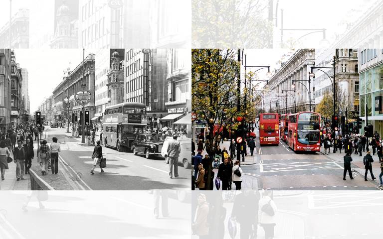 Image: Oxford Street in pre-digital (left) and digital (right) eras.