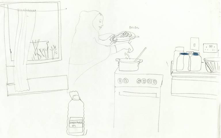Image: 'Halima cooking' by Judith Ferencz (2015), pencil on paper, 297 x 420 mm