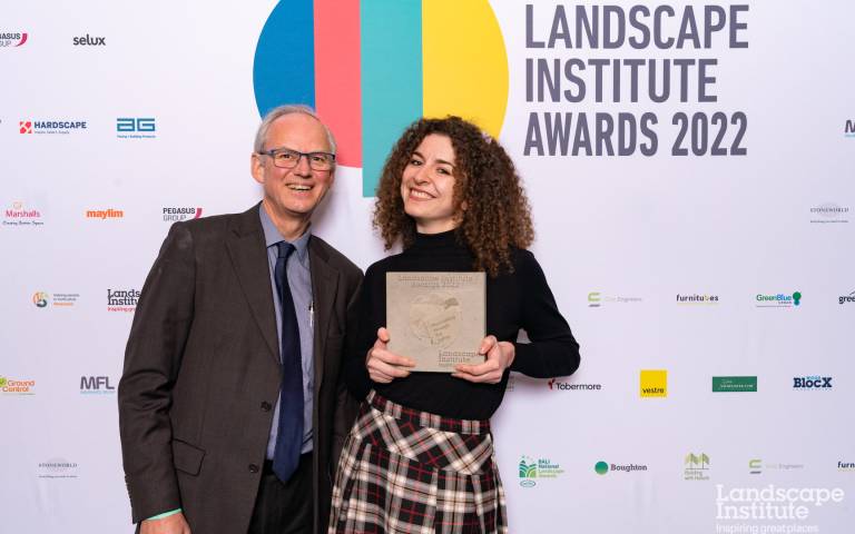 Image: Alexandra Souvatzi presented with her award at the Landscape Institute Awards 2022