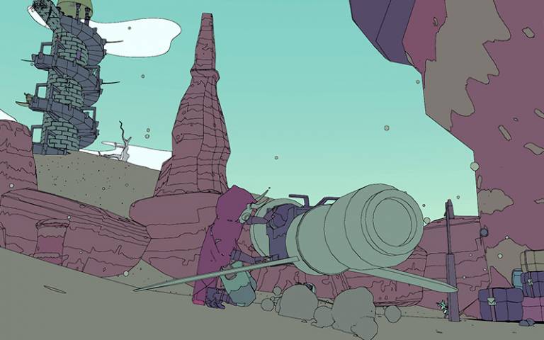 Main character of Sable stands with his hovercraft on a desert planet