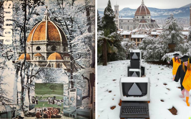 Left: 1969 Superstudio collage on Domus magazine Right: 2022 DALL-E 2 OpenAI generated image from text: “The duomo of Florence in a woodland covered in snow with 1960s computers and students wearing mortarboards”