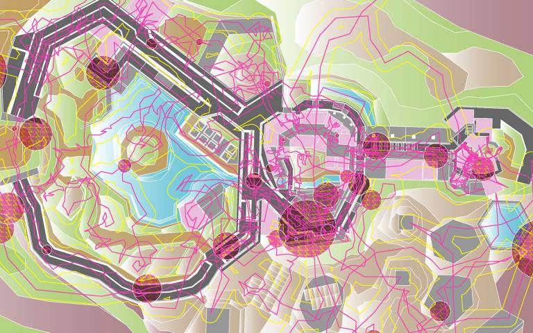 Image: Map showing player routes in the game Katamari Damacy (Namco, 2004) from 'Videogame Atlas' by Luke Caspar Pearson and Sandra Youkhana