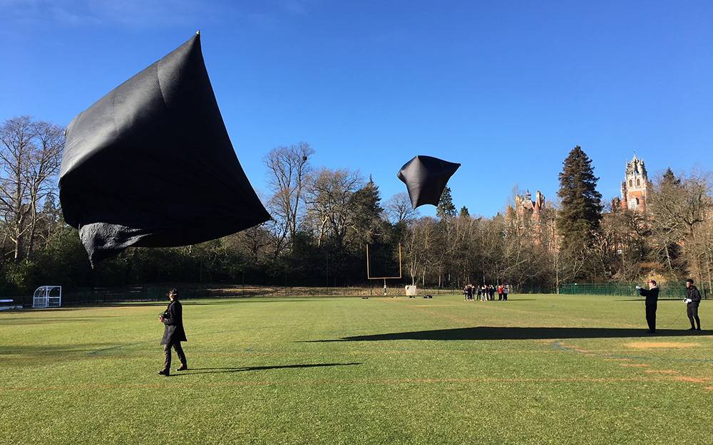 Black fabric objects flying through the air above a park