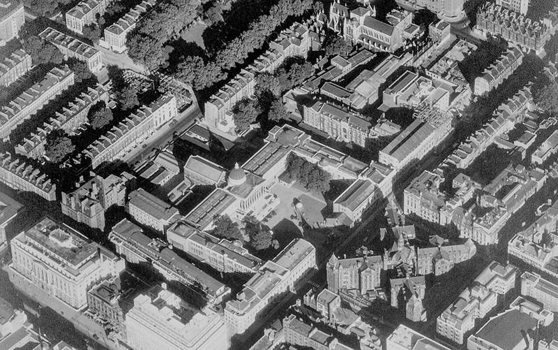 Aerial view of UCL’s campus in Bloomsbury, c.1950s (© UCL Digital Media), permission UCL Imagestore.