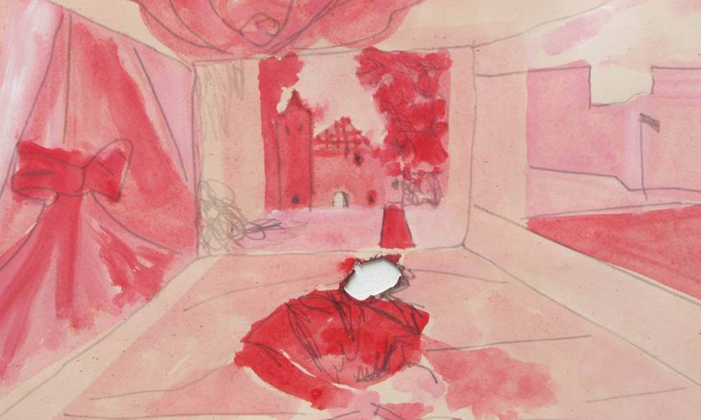 Pink and red drawing of a room with a castle at the end and a figure in front