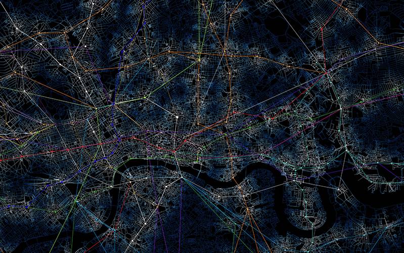 Catchment Analysis of London Underground Services. OS MasterMap® Integrated Transport Network Layer [GML2 geospatial data]. Scale 1:1250. Tiles: GB. Updated: 1 April 2018, Ordnance Survey (GB), processed and visualised by Po Nien Chen.