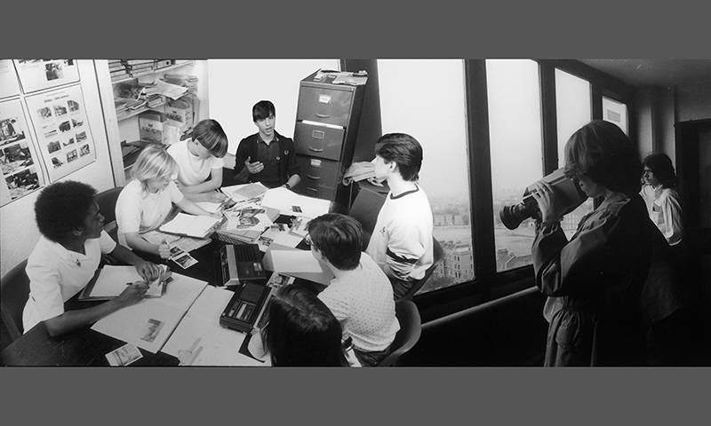 Photo montage of students at work around a table and a student with a video camera