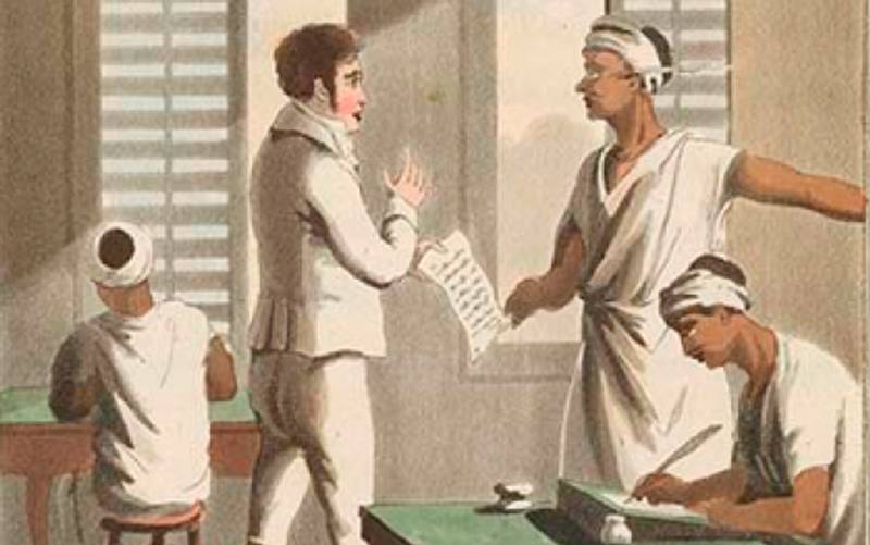 A European officer and Indian clerks at a cutcherry, nineteenth century. Drawn by Charles D'Oyly, Plate III, from D'Oyly, The European in India: From a Collection of Drawings by Charles Doyley, Esq. (1813, hand colour on aquatint). ©British Libra