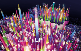 computer generated cityscape with tall, multi-coloured buildings emitting a purple neon glow 