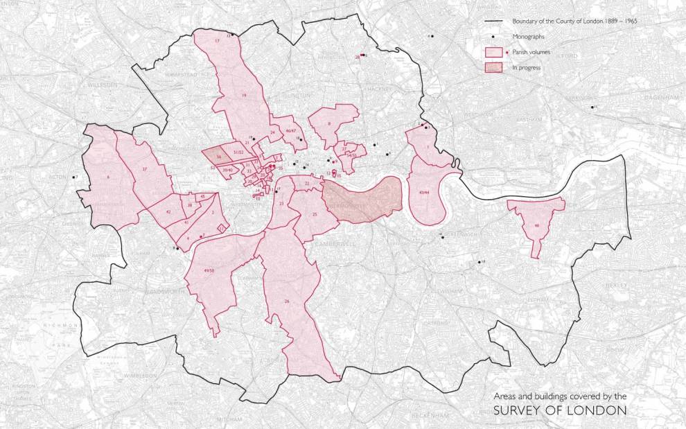 Map of London with areas covered by Survey highlighted in pink