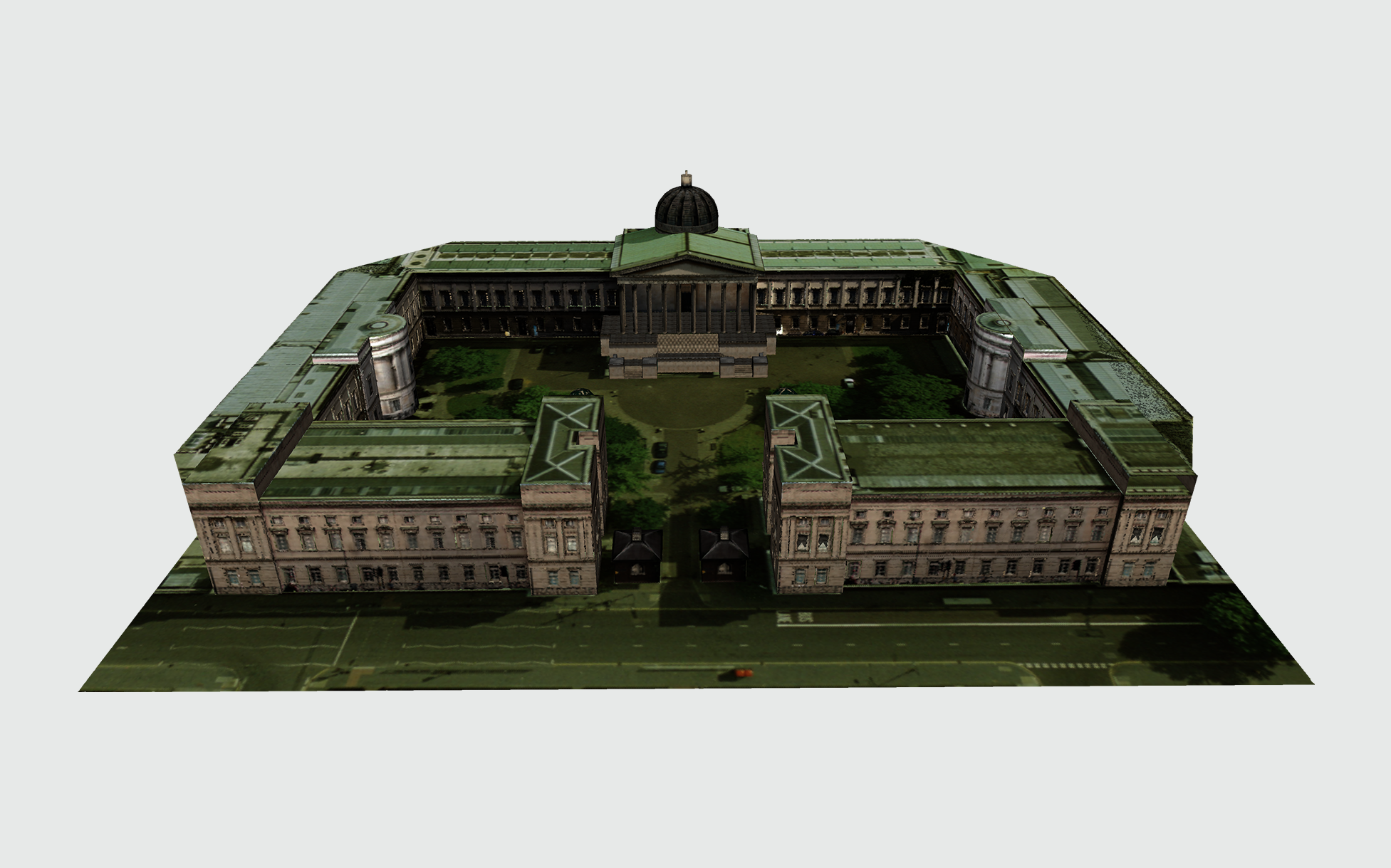 A blocky 3D render of UCL's Quad and Portico buildings. The faces of the 3D model are taken from actual photographic images of the building from profile and above. 