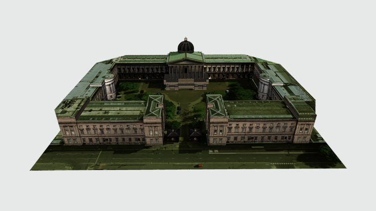 A blocky 3D render of UCL's Quad and Portico buildings. The faces of the 3D model are taken from actual photographic images of the building from profile and above. 
