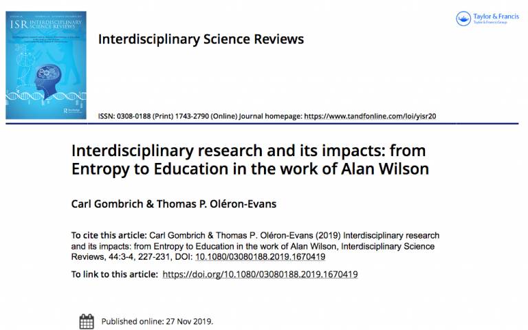 Interdisciplinary research and its impacts: from Entropy to Education in the work of Alan Wilson