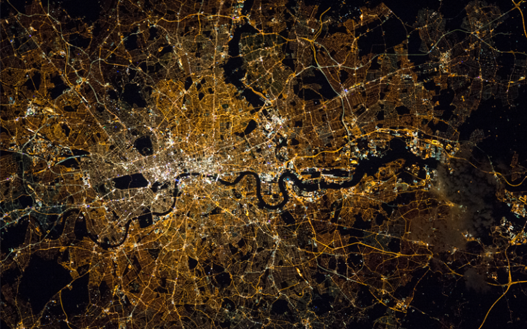 Birds eye view of London at night