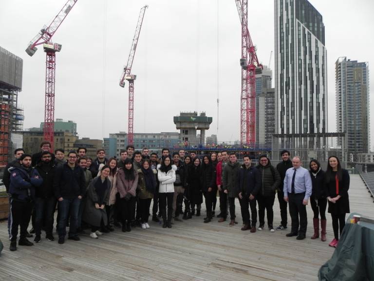 Students assemble at Elephant and Castle site