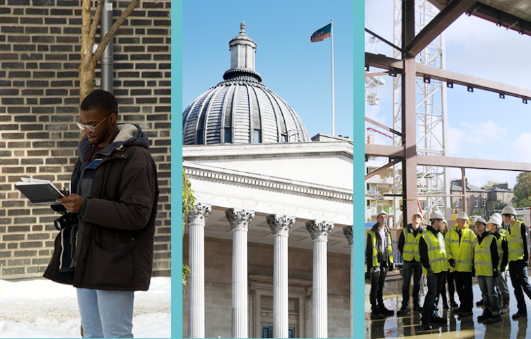Collage of three images: Student stood in snow, UCL building and students stood in construction site