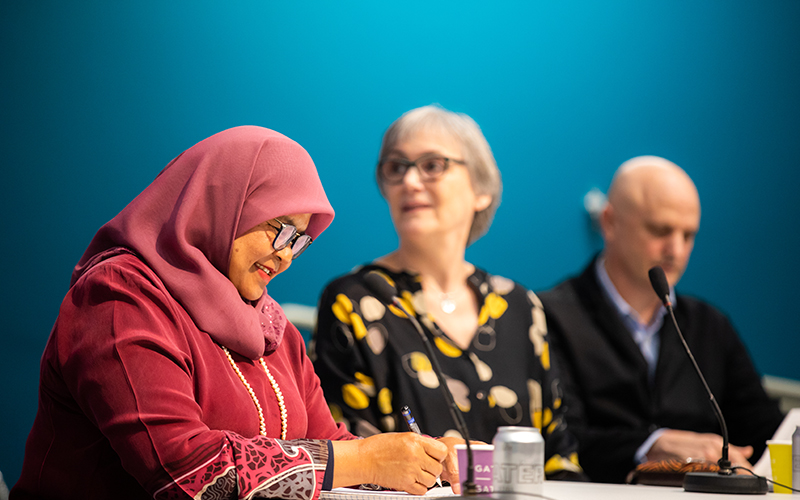 DPU hosted public lecture with Maimunah Mohd Sharif, Executive Director of the United Nations Human Settlements Programme on the topic of 'Planning for Equitable Urban Futures', seated on a panel alongside DPU’s Prof Caren Levy and Prof Christoph Lindner.