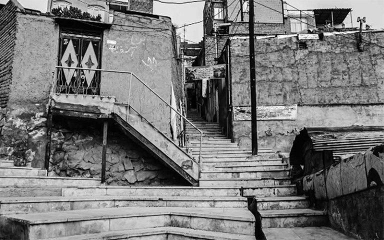 black and white photo of quiet urban scene