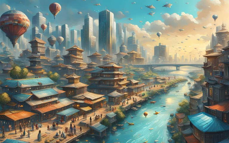 Illustration of future city with buildings, a skyline of tall sky scraper buildings and various ships and hot air balloons in the sky