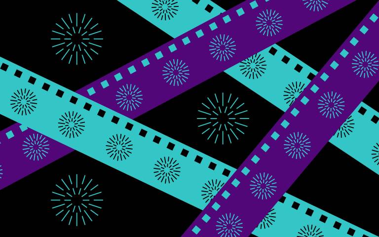 Graphic with black background and teal and purple film strips going diagonally across the page with round star like graphics scattered across page