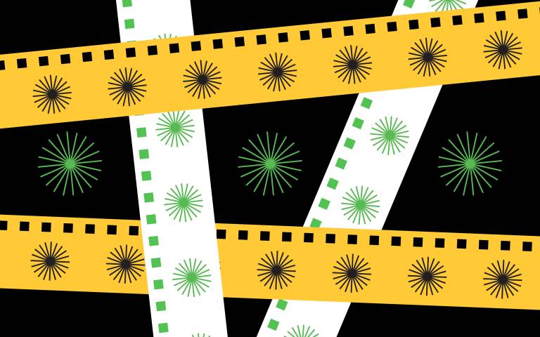 Graphic with black background and yellow and green film strips going diagonally across the page with round star like graphics scattered across page