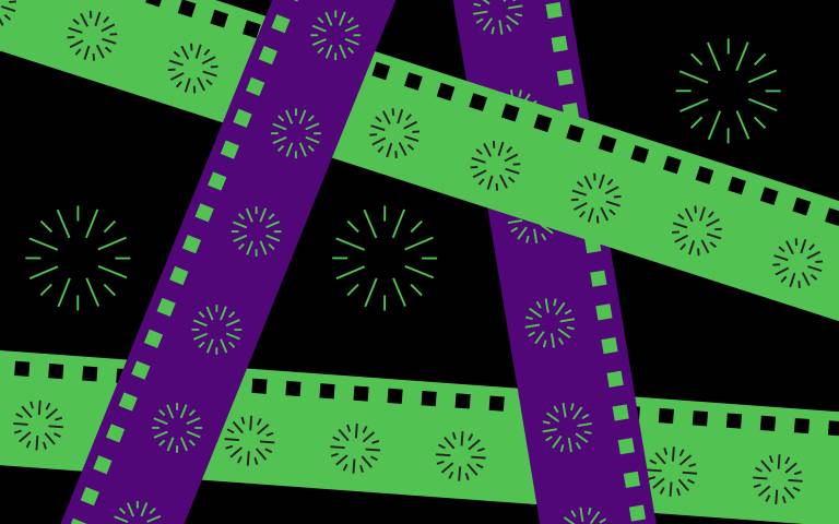 Graphic with black background and green and purple film strips going diagonally across the page with round star like graphics scattered across page