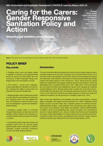 Cover of the Caring for the carers: Gender responsive sanitation policy and action policy brief