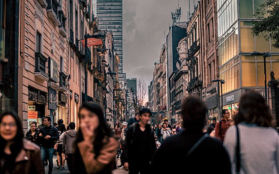 People moving through a city