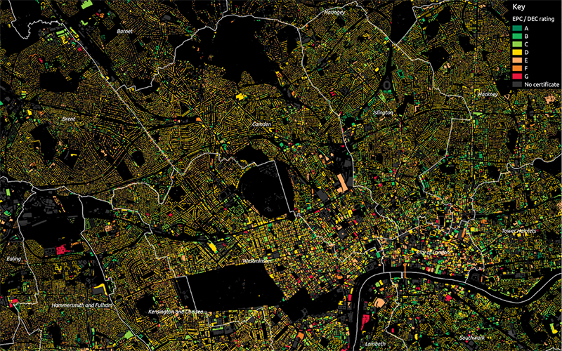 Image shows a map of London colour-coded using energy data (using the 3DStock model)