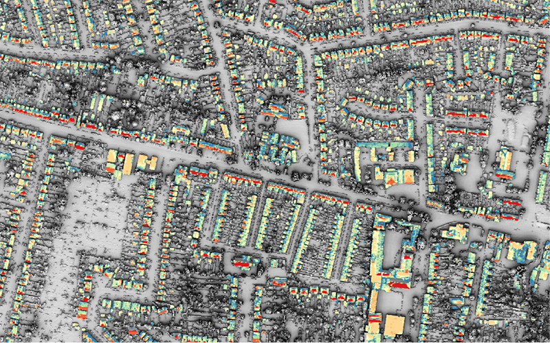 Cropped view of the London Solar Opportunity Map showing rows of houses from above