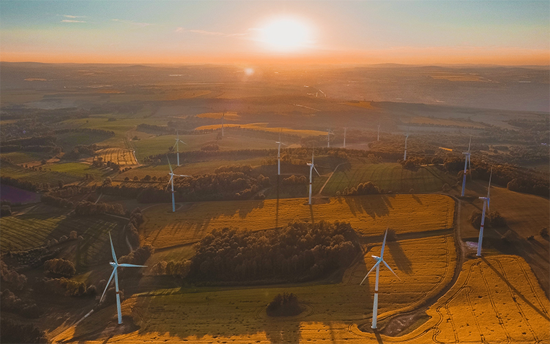Field of wind turbines with a sunrise in the background