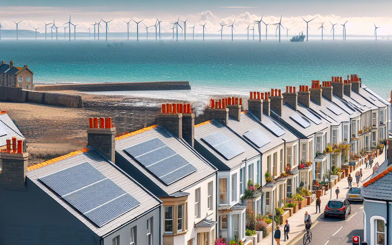 Row of terraced houses with solar panels