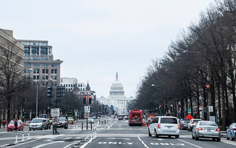 Road traffic in Washington DC leading to the Capitol building
