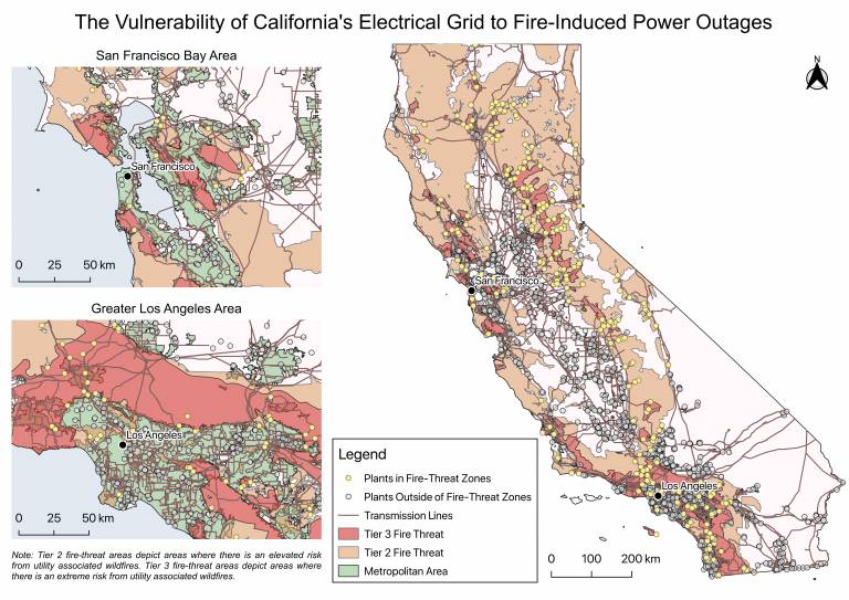 Map showing The Vulnerability of California’s Electrical Grid to Fire-Induced Power Outages