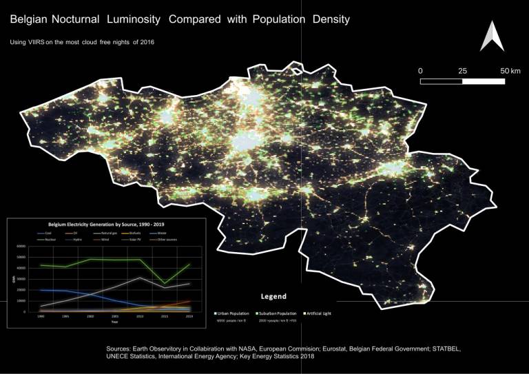 Map showing Belgian Nocturnal Luminosity Compared with Population Density