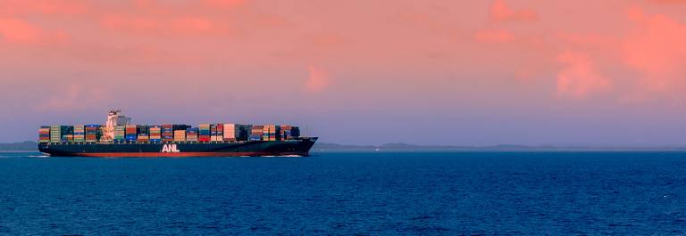 Photo of a cargo ship at sea at sunset