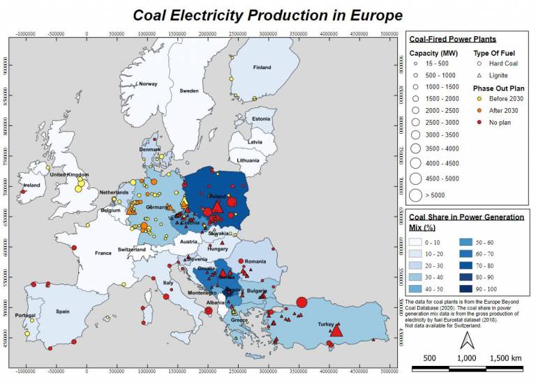 Map showing Coal Electricity Production in Europe