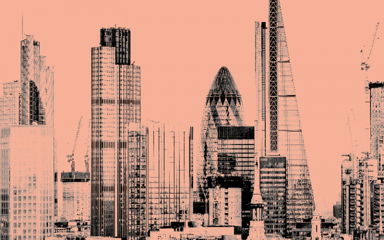 Image shows city of London skyline with pink background