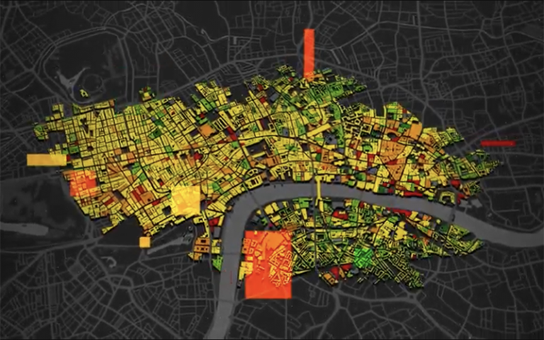 Image shows the 3DStock map of London with buildings colour-coded based on energy data