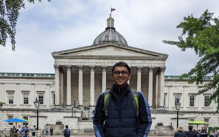 Prakhar Mehta stands in front of UCL's Portico
