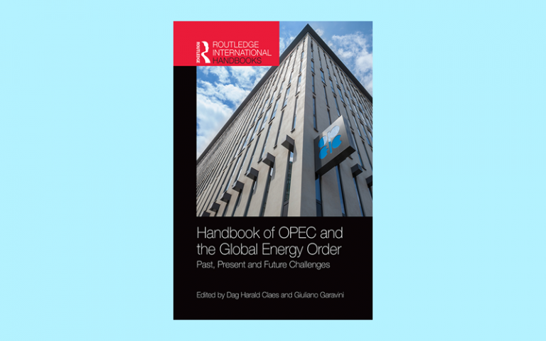 Image shows the cover of the Handbook of OPEC and the Global Energy Order on a blue background. The book cover shows a photo of the OPEC HQ building with a blue sky background.