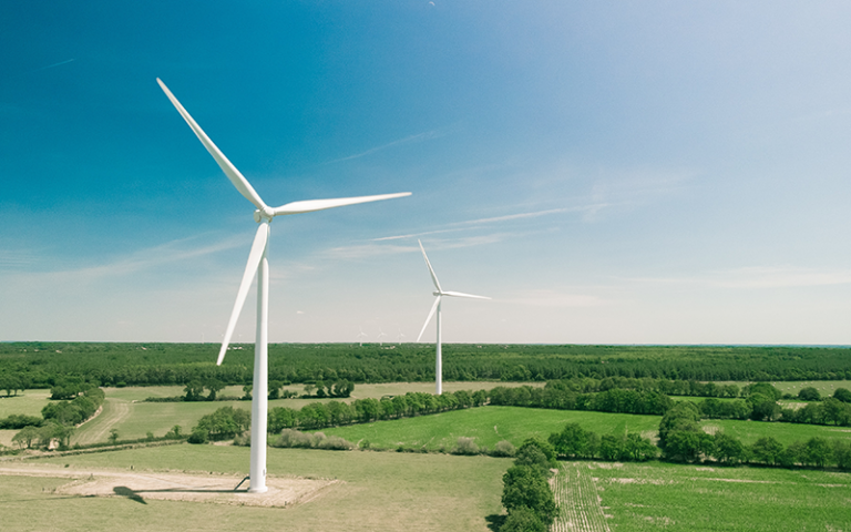 Photo shows wind turbines on a grassy green field.