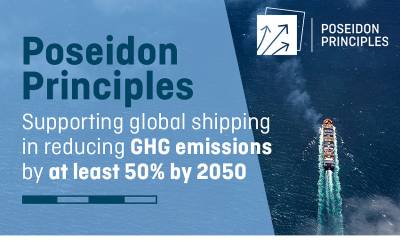 Poster for the Poseidon Principles, captioned "Supporting global shipping in reducing GHG emissions by at least 50% by 2050"
