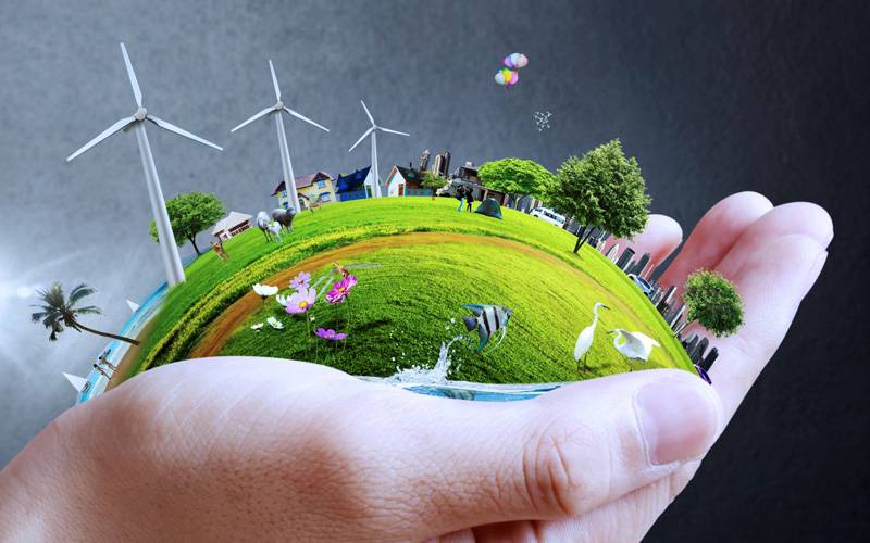 Graphic illustration for the ERBE Centre for Doctoral Training: a hand holds a miniature green world with wind turbines