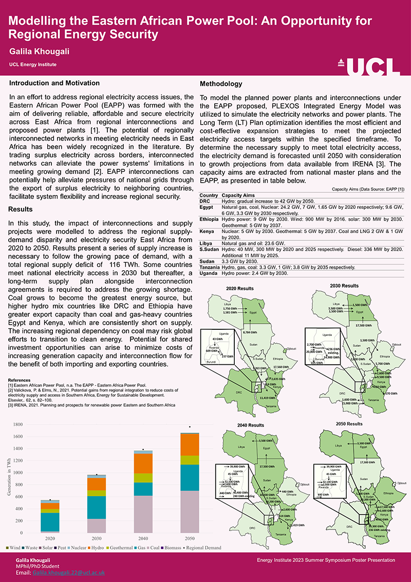 Modelling the Eastern African Power Pool: An Opportunity for Regional Energy Security. Image of PhD research poster by Galila Khougali, click the image to open in PDF