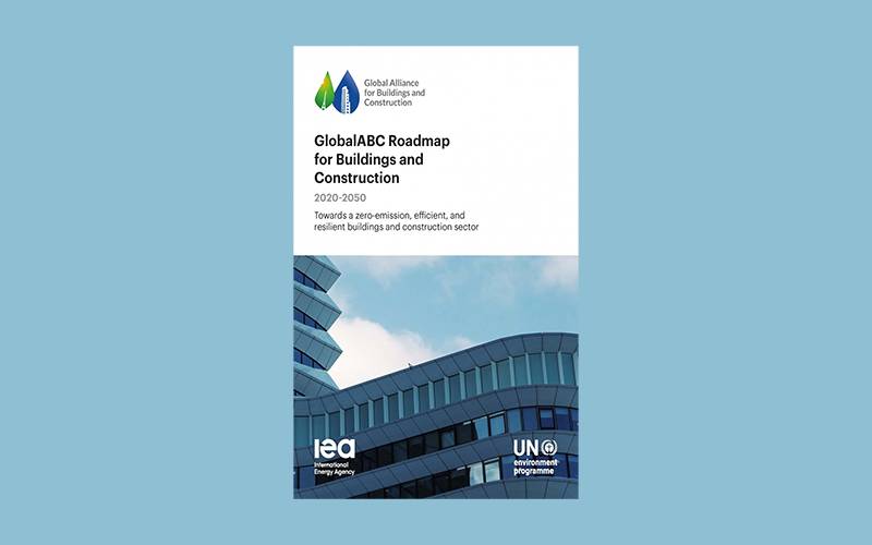 Image shows front cover of GlobalABC Roadmap for Buildings and Construction 2020-2050