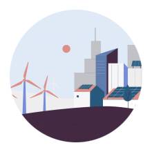 An illustration of wind turbines and solar panels
