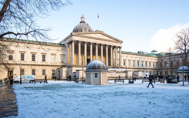 Photo of the UCL Wilkins building main quad in snow 